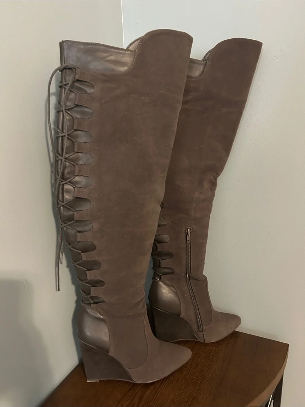 Women's Dark Grey Suede Over-the-Knee Wedge Boots